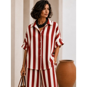 RG240 Set EU 42–46 (L–XXL) oversized din in și bumbac cu dungi roșii – Cămașă & Pantaloni Palazzo | Fabricat în Italia