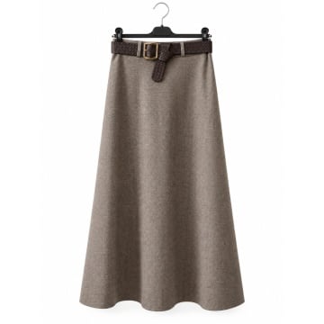 RG250057T Fustă Taupe Midi Evazată Chevron cu Curea Împletită – Made in Italy
