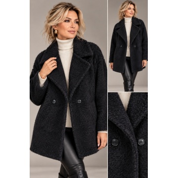 RG3319N Palton negru Scurt Bouclé Elegance cu Rever Amplu și Căptușeală Leopard – Made in Italy-L–2XL - Img 2