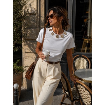 RG377–Tricou ALB Elegance Jewel – Bumbac cu Aplicații Aurii - Img 2