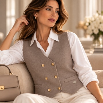 RG5002Bej–Vestă tricotată cu nasturi aurii – Soft Elegance Bej - Img 3