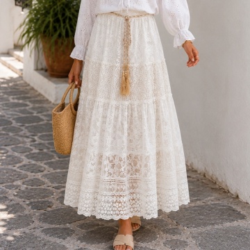 RG5106 Fustă Boho Midi din Dantelă cu Volane, Curea Împletită și Franjuri – Alb | Fabricată în Italia, marime 38-52