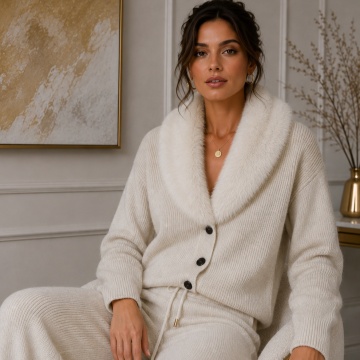 RG5397-5 - Cardigan Quiet Luxury cu Guler Detașabil din Blană – Ivory
