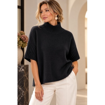 RG5524N–Pulover Negru Oversize cu Guler Înalt și Mâneci Scurte – Soft Knit