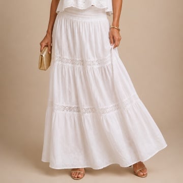 RG7052 Fustă alba Lungă Boho Elegance din Bumbac cu Inserții din Dantelă