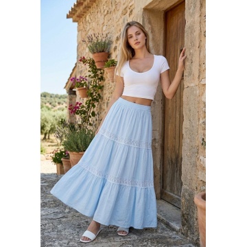 RG7052 Fustă light blue Lungă Boho Elegance din Bumbac cu Inserții din Dantelă - Img 2