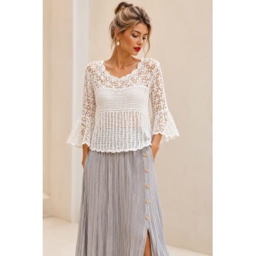 RG8077-1 ALB Bluză boho croșetată din bumbac 100% – Dantelă ajurată - Img 2