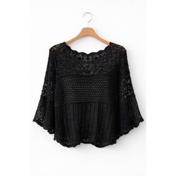 RG8077-1 negru Bluză boho croșetată din bumbac 100% – Dantelă ajurată - Img 2
