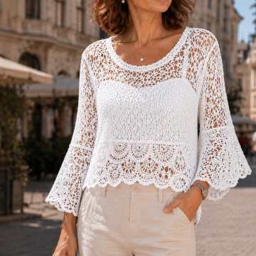 RG8109 – Bluză alba Openwork din Bumbac cu Mâneci Evazate – Stil Elegant Feminine– Bumbac 100%