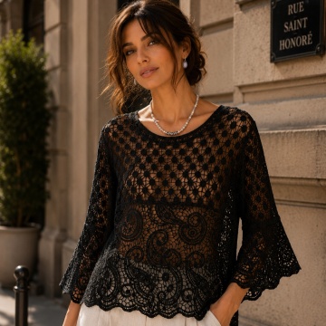 RG8109 – Bluză Openwork din Bumbac cu Mâneci Evazate – Stil Elegant Feminine– Bumbac 100%