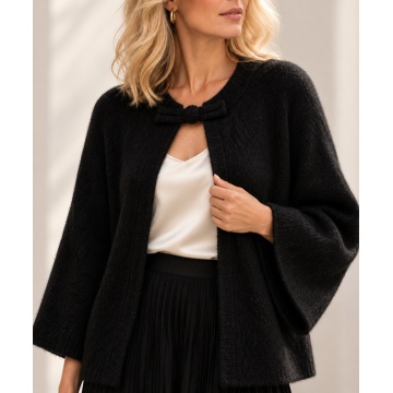 RG9198N–Cardigan Lung Tricotat Soft Wool Negru cu Închidere Shanghai – Parisian Chic (L–2XL)
