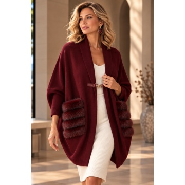 RG93032P-Cardigan Plum Oversize Cocon cu Buzunare din Blană – Bijoux