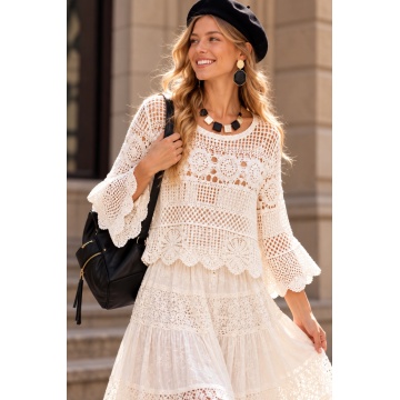 RGA235A –Bluză Boho Crochet Amélie – Alba–Bumbac 100%