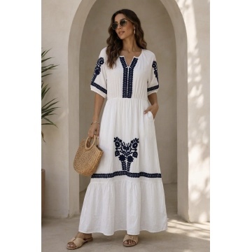 RGD26054 Rochie Boho Soleil cu Broderie Tradițională alba