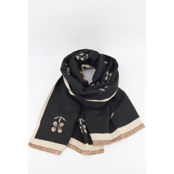 RGEC3610005-N Eșarfă neagră cu flori delicate și bordură crem - Img 2