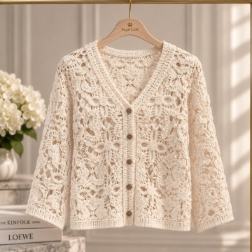 RGJ608–Cardigan croșetat din bumbac 100% cu nasturi – Floral Elegance (M–L) - Img 2