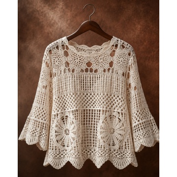 RGL202 – Bluză EU 40–46 (L–2XL) Openwork din Bumbac cu Mâneci Evazate – Stil Elegant Feminine– Bumbac 100% - Img 3