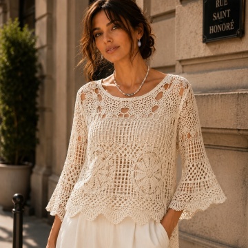RGL202 – Bluză EU 40–46 (L–2XL) Openwork din Bumbac cu Mâneci Evazate – Stil Elegant Feminine– Bumbac 100%