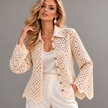 RGS08–Cardigan croșetat Macramé Natur din bumbac 100% – Atelier Crochet / S–M / 36–40