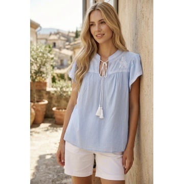 RGXF1169 Bluză bleu cu Broderie Contrast