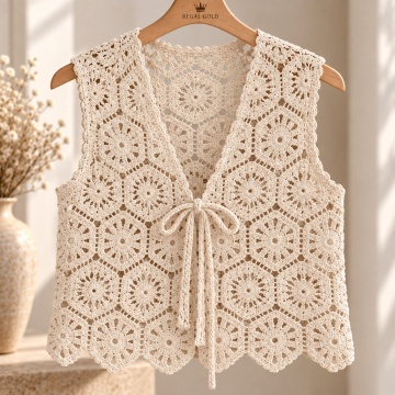 RGYY015 – Vestă Croșetată Natur din Bumbac 100% – Macramé Floral - Img 2