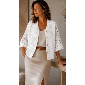 Bluză boho chic oversize din bumbac, cu broderie ajurată – alb RG2005A - Img 4