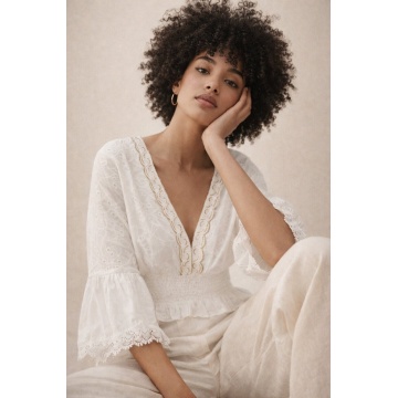 Bluză scurtă ( bustieră) din bumbac 100% broderie anglaise, decolteu în V – RG6055-2 - Img 2