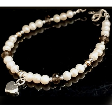 Brățară din Argint cu Perle , Accente Goldfilled și Cuart fumuriu – Charm Inimă B401