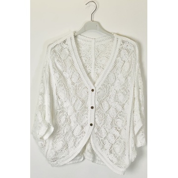 Cardigan alb Boho din Croșetat Ajurat – Crem, 100% Bumbac 38–46 (S–XXL) RG2001A - Img 3