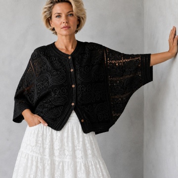 Cardigan Boho Oversize cu Nasturi și Broderie Ajurată – negru RG2005N - Img 3