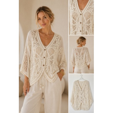 Cardigan CREM Boho Ajurat cu Broderie Florală – Crem, 100% Bumbac RG2002C - Img 2