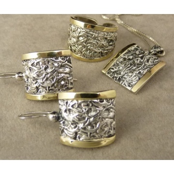 Inel Carya din argint 925 și aur 14K – model texturat în relief, ușor reglabil 101575 - Img 4