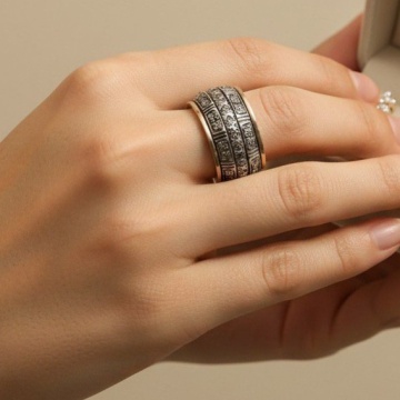 Inel Imperium din argint 925 și aur 14K – design arhitectural cu zirconii și detalii gravate - Img 6