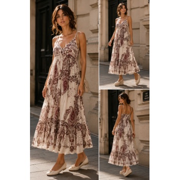 RG10928 (S-XL)–Rochie midi boho bordo din 100% vascoza cu imprimeu paisley - Fabricata in Italia
