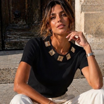 RG377–Tricou negru Elegance Jewel – Bumbac cu Aplicații Aurii