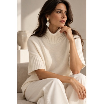 RG5524I–Pulover Ivory Oversize cu Guler Înalt și Mâneci Scurte – Soft Knit - Img 3