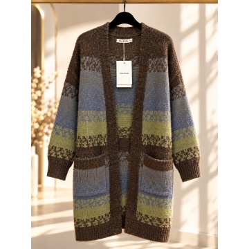 RG6007M–Cardigan lung damă Jacquard Chic – tricot călduros, model geometric, cu buzunare - Img 2
