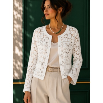RG6025 – Cardigan alb Scurt Croșetat Ajurat Floral – Bumbac 100%