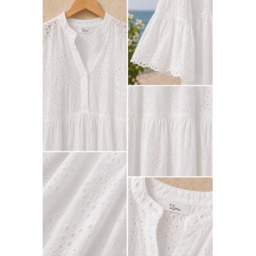 RG6053-2-1 Rochie lungă EU 40–44 (M–L) din Broderie Anglaise (Sangallo) – 100% Bumbac – Albă - Img 3
