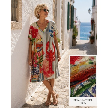 RG650960 Rochie midi Resort cu imprimeu Mediteranean și Homar – Casual Chic| Fabricată în Italia – Mărime unică EU 46–52 (XL–3XL)