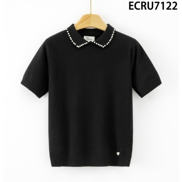 RG7122N Bluza neagra tricotată fin cu guler decorat cu microperle – Eleganță discretă - Img 2
