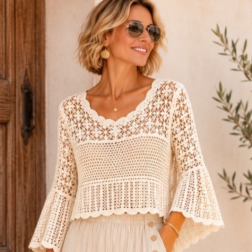 RG8077-1 CREM Bluză boho croșetată din bumbac 100% – Dantelă ajurată