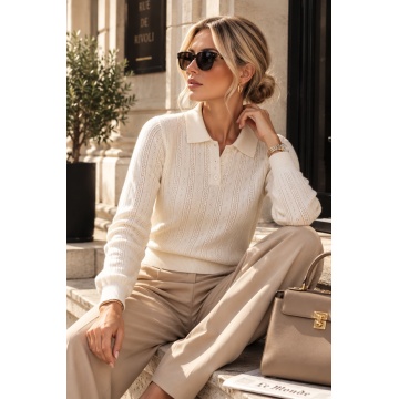 RG9211 C–Pulover Polo Tricotat Openwork Ivory – Soft Elegance (M–L)