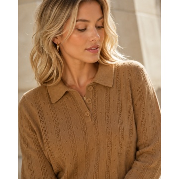 RG9211 CA–Pulover Polo Tricotat Openwork Camel – Soft Elegance (M–L) - Img 2