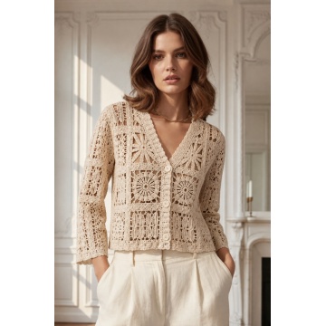 RG9288C–Cardigan croșetat din bumbac 100% CREM (S-M) - Img 9