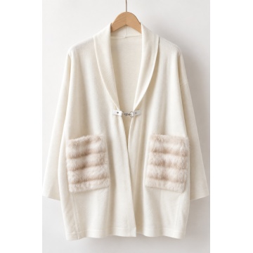 RG93032I-Cardigan Ivory Oversize Cocon cu Buzunare din Blană – Bijoux - Img 2