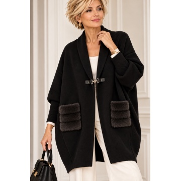 RG93032N-Cardigan Negru Oversize Cocon cu Buzunare din Blană – Bijoux