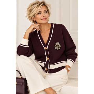 RG98573 Pruna–Cardigan tricotat Royal Crest – stil Preppy Chic, emblemă cu cristale și nasturi aurii EU 36–40 (S–M/L)
