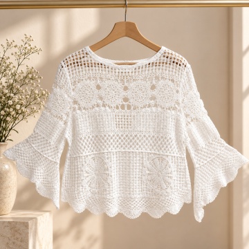 RGA235A –Bluză Boho Crochet Amélie – Alba–Bumbac 100% - Img 3