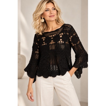 RGA235B –Bluză Boho Crochet Amélie – NEGRU–Bumbac 100%